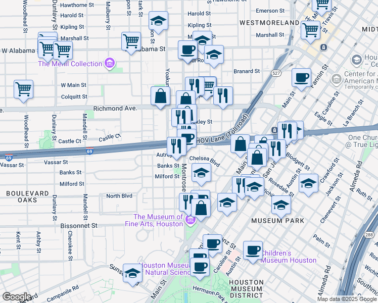map of restaurants, bars, coffee shops, grocery stores, and more near 4641 Montrose Boulevard in Houston