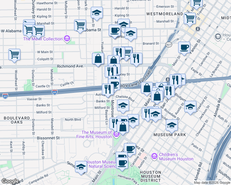 map of restaurants, bars, coffee shops, grocery stores, and more near 4641 Montrose Boulevard in Houston