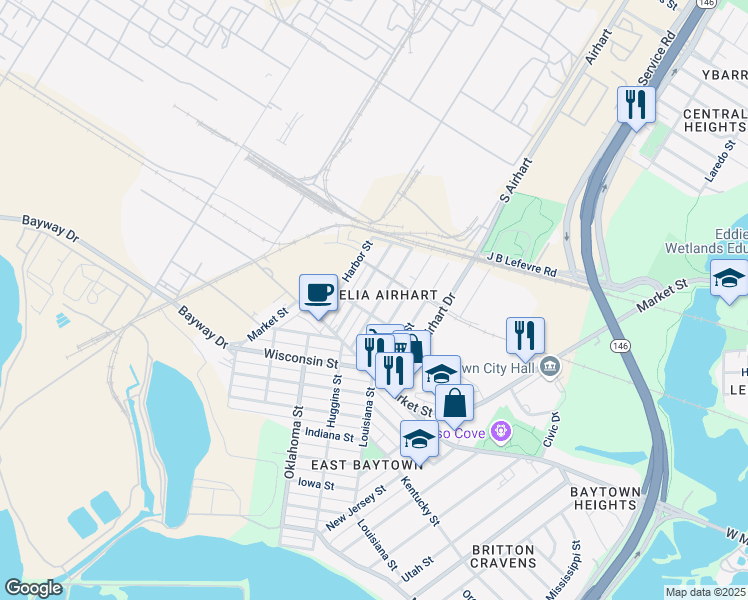 map of restaurants, bars, coffee shops, grocery stores, and more near 1230 Cherry Street in Baytown
