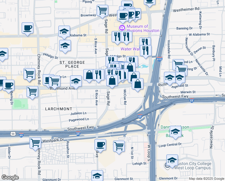 map of restaurants, bars, coffee shops, grocery stores, and more near in Houston