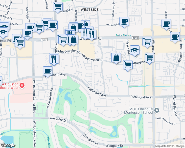 map of restaurants, bars, coffee shops, grocery stores, and more near 3103 Royal Courtside Avenue in Houston