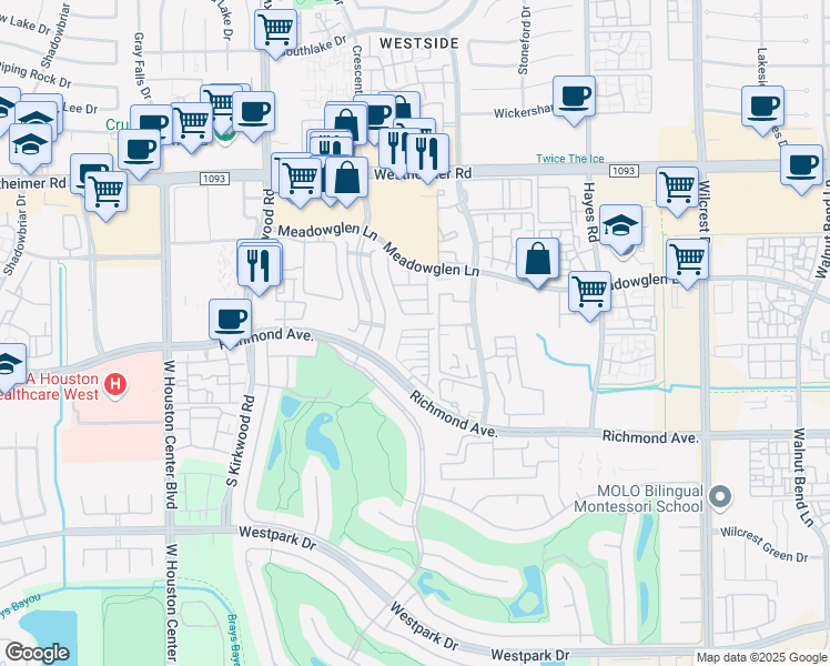 map of restaurants, bars, coffee shops, grocery stores, and more near 11635 Royal Oaks View in Houston