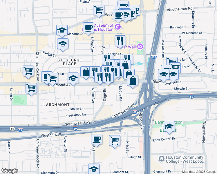 map of restaurants, bars, coffee shops, grocery stores, and more near 5177 Richmond Avenue in Houston