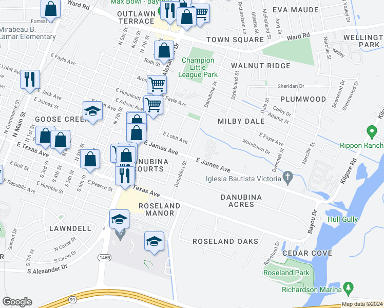 map of restaurants, bars, coffee shops, grocery stores, and more near 1300 East James Avenue in Baytown