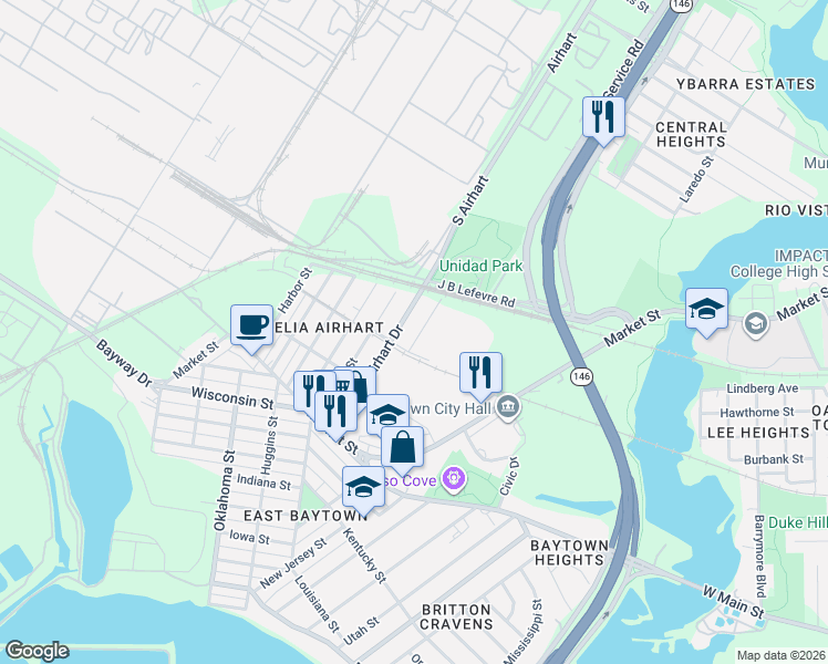 map of restaurants, bars, coffee shops, grocery stores, and more near 1121 Beech Street in Baytown
