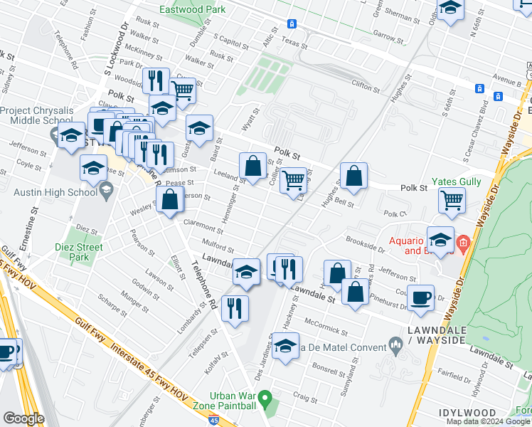 map of restaurants, bars, coffee shops, grocery stores, and more near 5250 Pease Street in Houston