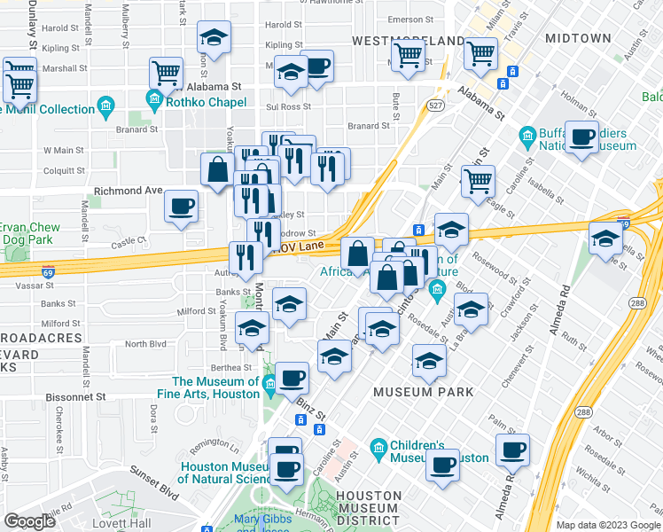 map of restaurants, bars, coffee shops, grocery stores, and more near 4710 Greeley Street in Houston