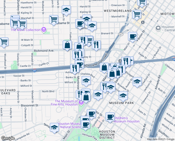 map of restaurants, bars, coffee shops, grocery stores, and more near 4606 Stanford Street in Houston