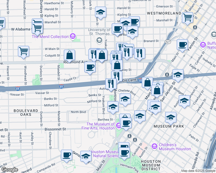 map of restaurants, bars, coffee shops, grocery stores, and more near 1110 Autrey Street in Houston