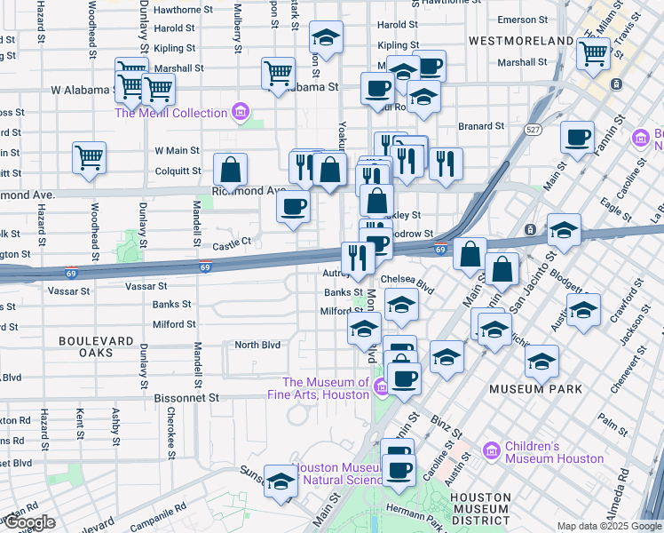 map of restaurants, bars, coffee shops, grocery stores, and more near 1110 Autrey Street in Houston
