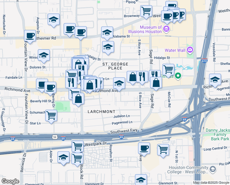 map of restaurants, bars, coffee shops, grocery stores, and more near 5412 Richmond Avenue in Houston