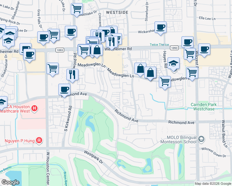 map of restaurants, bars, coffee shops, grocery stores, and more near 11635 Royal Oaks View in Houston