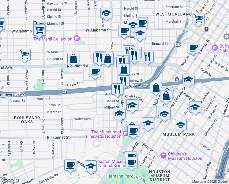 map of restaurants, bars, coffee shops, grocery stores, and more near 1102 Autrey Street in Houston