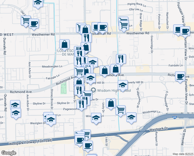 map of restaurants, bars, coffee shops, grocery stores, and more near 6415 Richmond Avenue in Houston