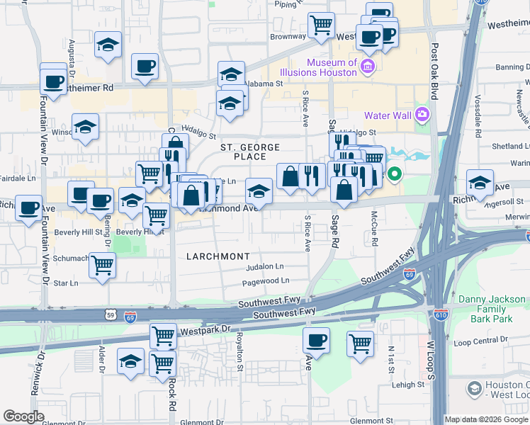 map of restaurants, bars, coffee shops, grocery stores, and more near 5353 Richmond Avenue in Houston