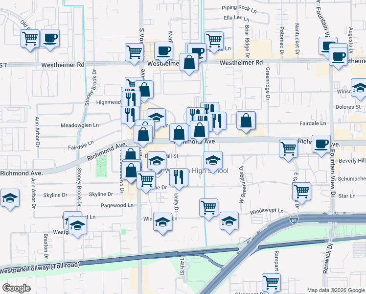 map of restaurants, bars, coffee shops, grocery stores, and more near 6393 Richmond Avenue in Houston