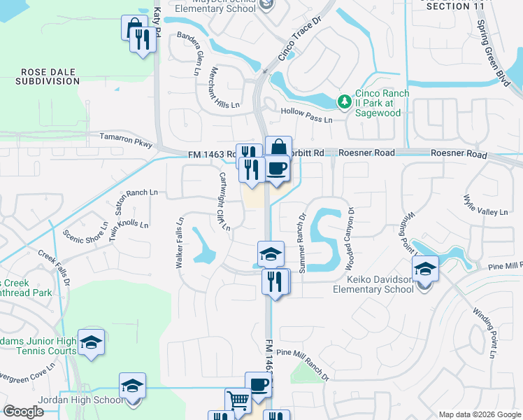 map of restaurants, bars, coffee shops, grocery stores, and more near 27510 Frazier Rock Court in Fulshear