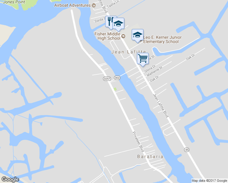 map of restaurants, bars, coffee shops, grocery stores, and more near 2716 Privateer Boulevard in Barataria
