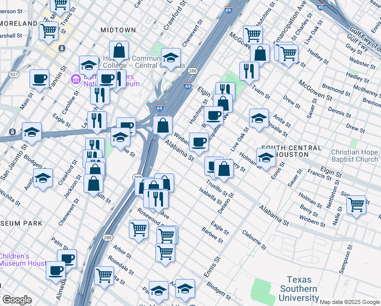 map of restaurants, bars, coffee shops, grocery stores, and more near 3705 Bastrop Street in Houston