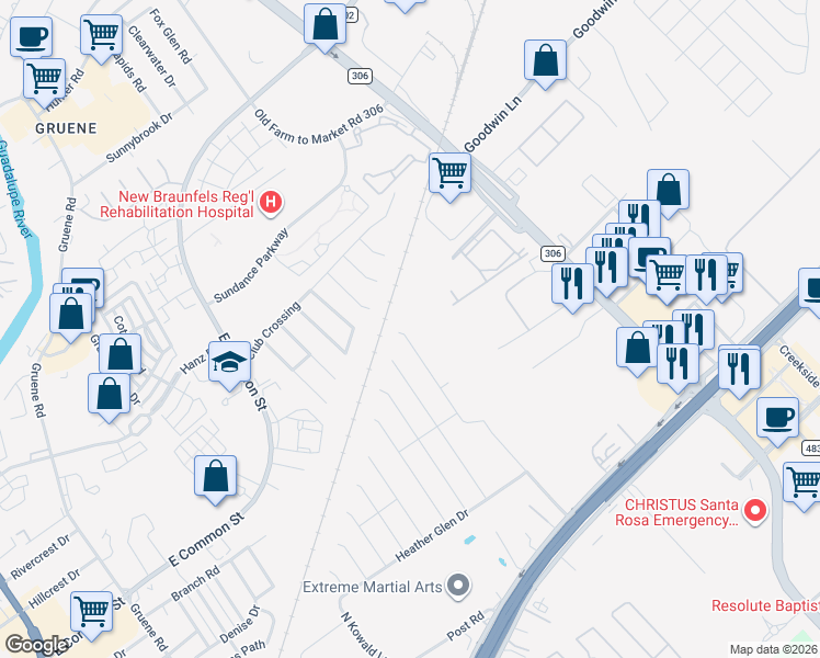 map of restaurants, bars, coffee shops, grocery stores, and more near 590 Summersweet Road in New Braunfels