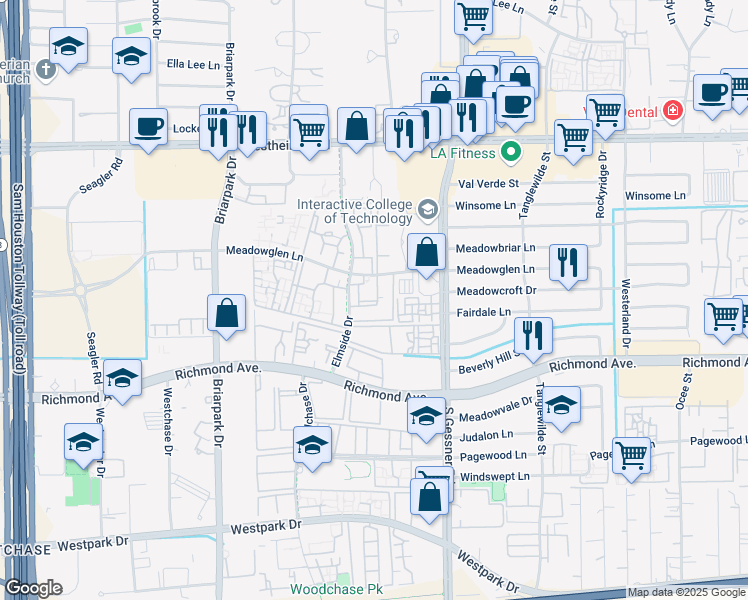 map of restaurants, bars, coffee shops, grocery stores, and more near 9797 Meadowglen Lane in Houston
