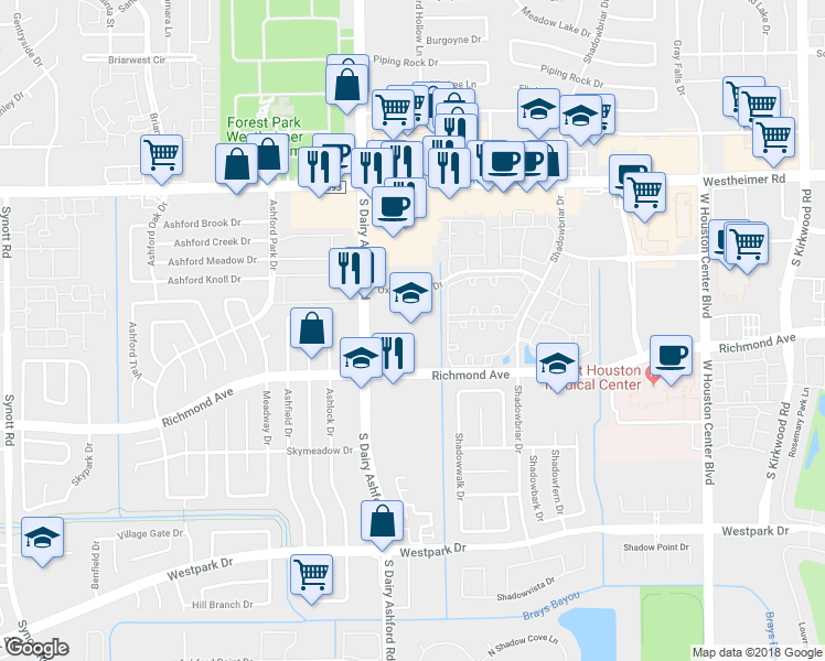map of restaurants, bars, coffee shops, grocery stores, and more near 12570 Richmond Avenue in Houston