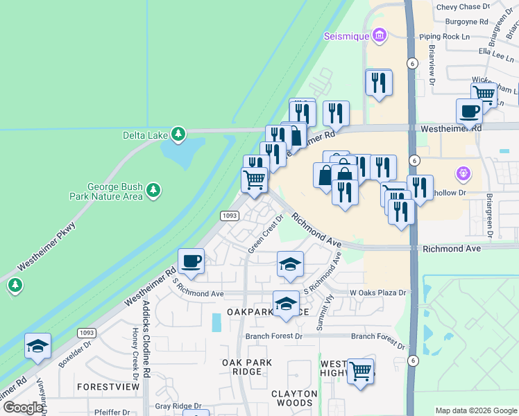 map of restaurants, bars, coffee shops, grocery stores, and more near 15155 Richmond Avenue in Houston