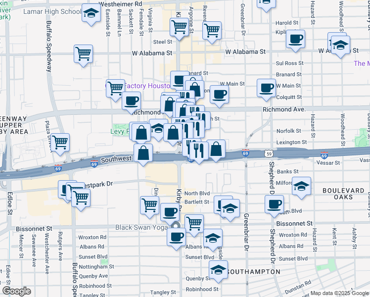 map of restaurants, bars, coffee shops, grocery stores, and more near 3963 Kirby Drive in Houston