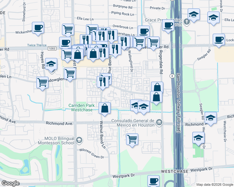 map of restaurants, bars, coffee shops, grocery stores, and more near 10855 Meadowglen Lane in Houston