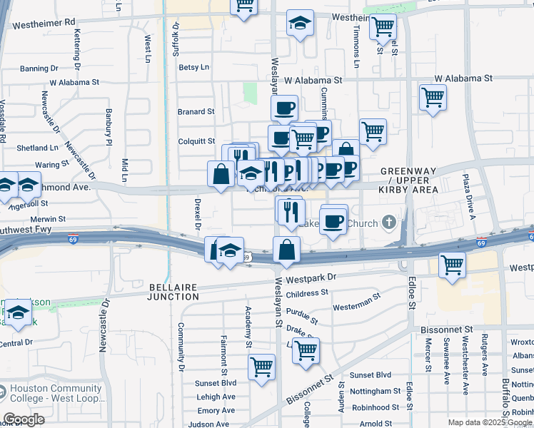 map of restaurants, bars, coffee shops, grocery stores, and more near 4011 Portsmouth Street in Houston