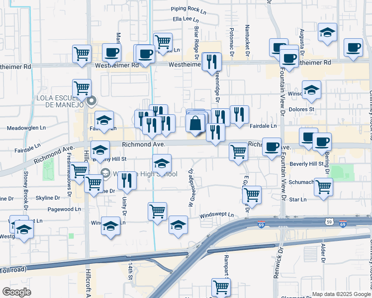 map of restaurants, bars, coffee shops, grocery stores, and more near 6261 Richmond Avenue in Houston