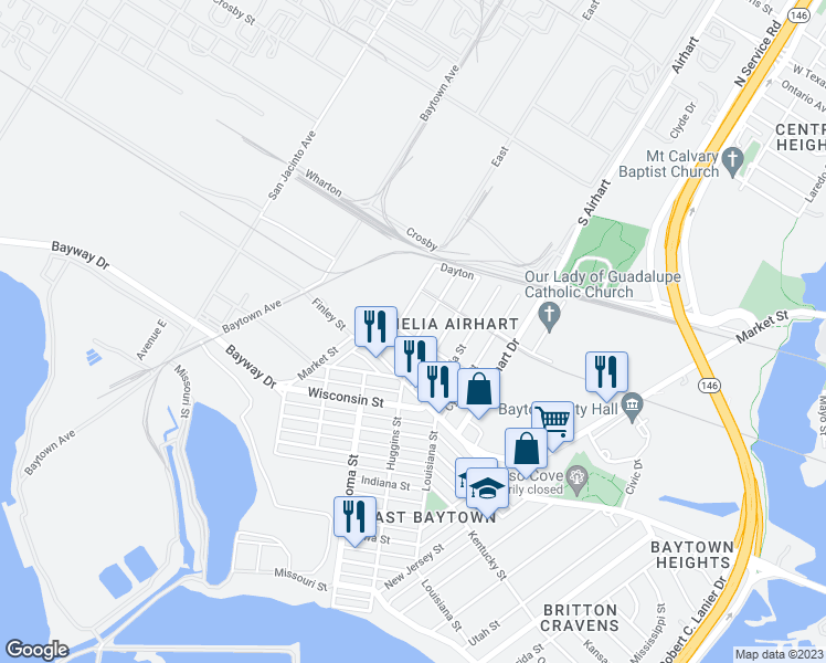 map of restaurants, bars, coffee shops, grocery stores, and more near 1245 Cherry Street in Baytown
