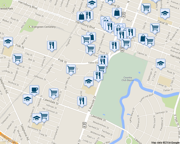 map of restaurants, bars, coffee shops, grocery stores, and more near 6505 Miraglen Street in Houston