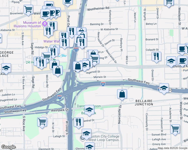 map of restaurants, bars, coffee shops, grocery stores, and more near 4659 Ingersoll Street in Houston