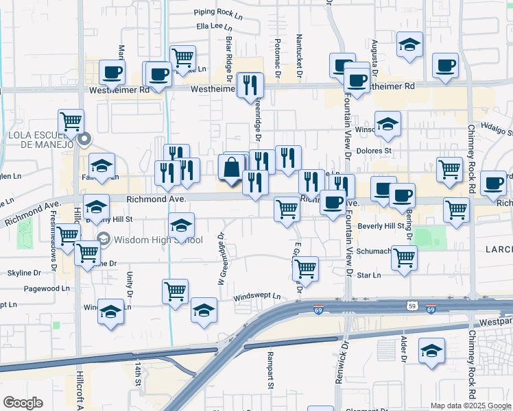 map of restaurants, bars, coffee shops, grocery stores, and more near 6213 Richmond Avenue in Houston