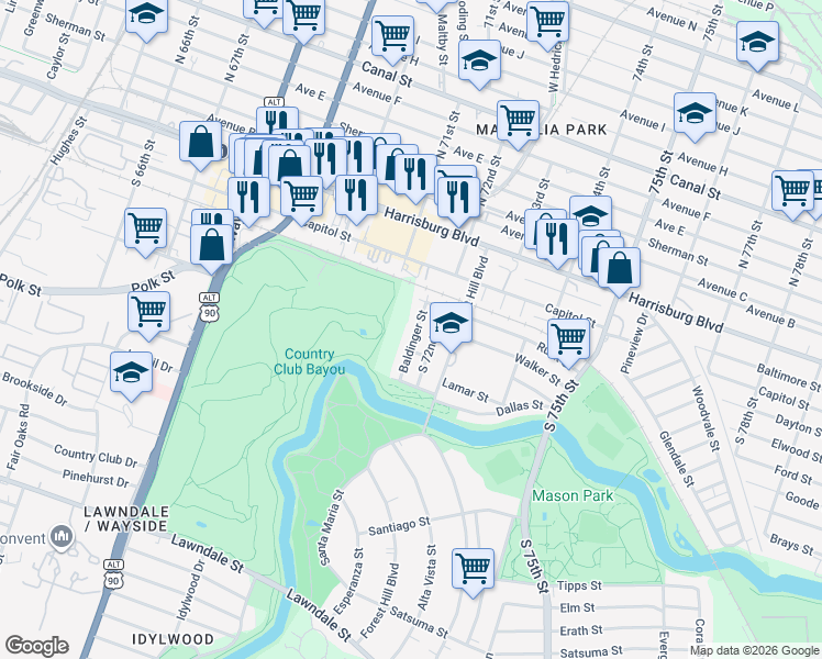 map of restaurants, bars, coffee shops, grocery stores, and more near 330 Baldinger Street in Houston