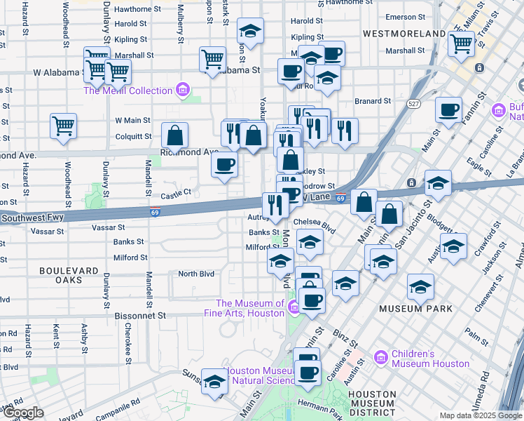 map of restaurants, bars, coffee shops, grocery stores, and more near 1110 Autrey Street in Houston