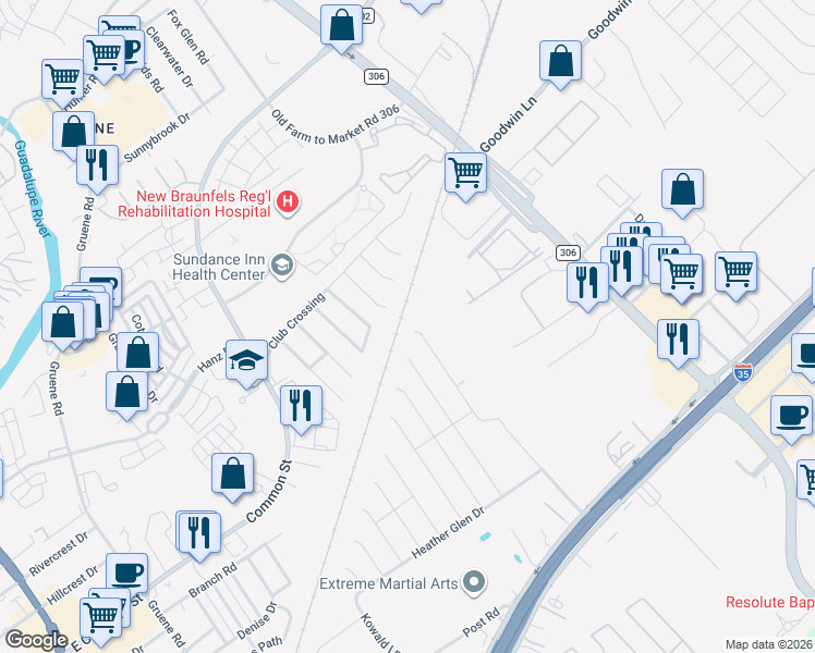 map of restaurants, bars, coffee shops, grocery stores, and more near 847 Spyglass Drive in New Braunfels