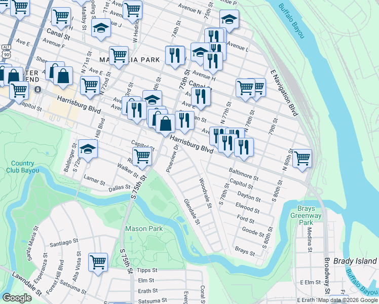 map of restaurants, bars, coffee shops, grocery stores, and more near 105 Woodvale Street in Houston