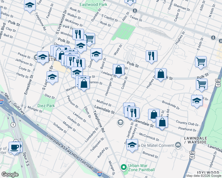 map of restaurants, bars, coffee shops, grocery stores, and more near 5207 Jefferson Street in Houston