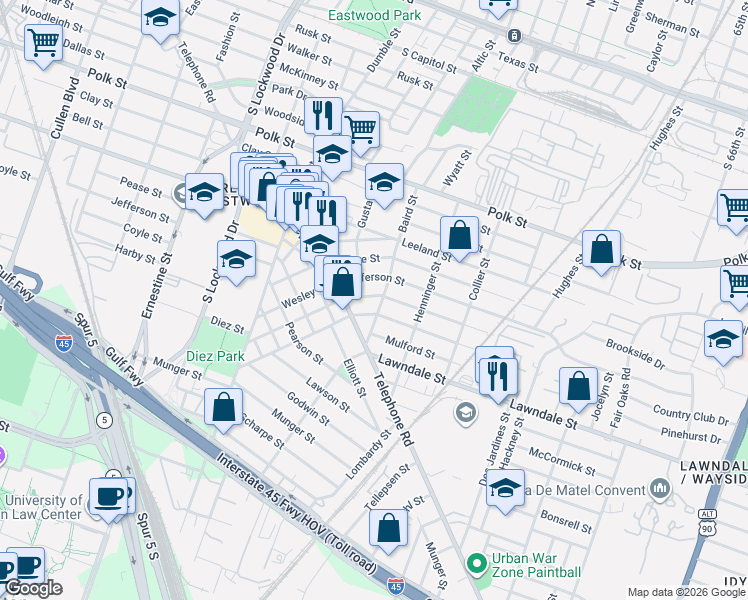 map of restaurants, bars, coffee shops, grocery stores, and more near 5021 Lindsay Street in Houston