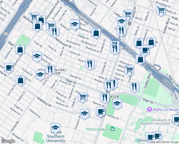 map of restaurants, bars, coffee shops, grocery stores, and more near 3335A Tierwester Street in Houston