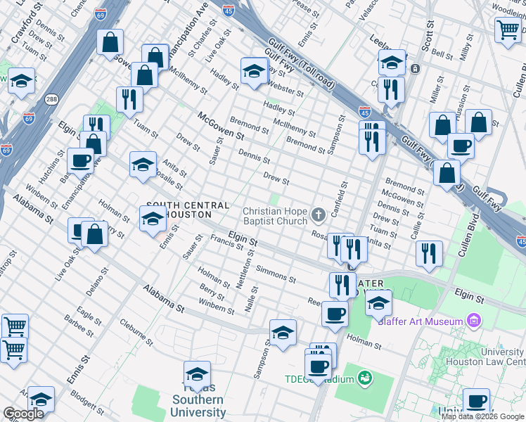 map of restaurants, bars, coffee shops, grocery stores, and more near 3302 Anita Street in Houston