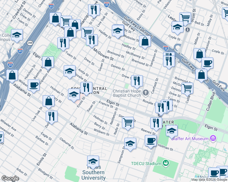 map of restaurants, bars, coffee shops, grocery stores, and more near 3201 Rosalie Street in Houston