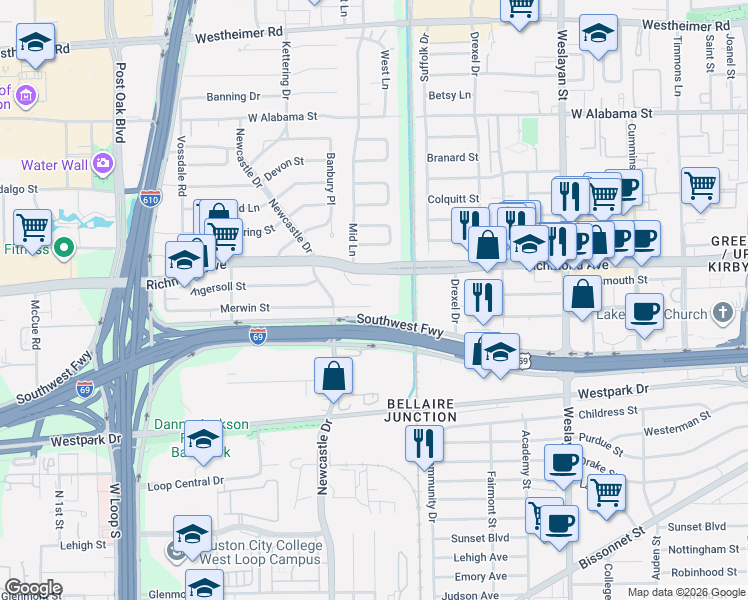 map of restaurants, bars, coffee shops, grocery stores, and more near 4323 Richmond Avenue in Houston