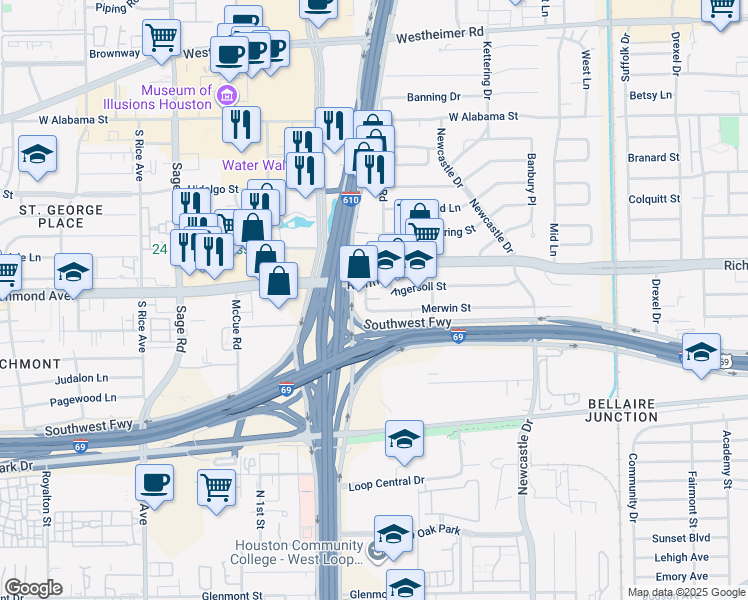 map of restaurants, bars, coffee shops, grocery stores, and more near 4822 Merwin Street in Houston