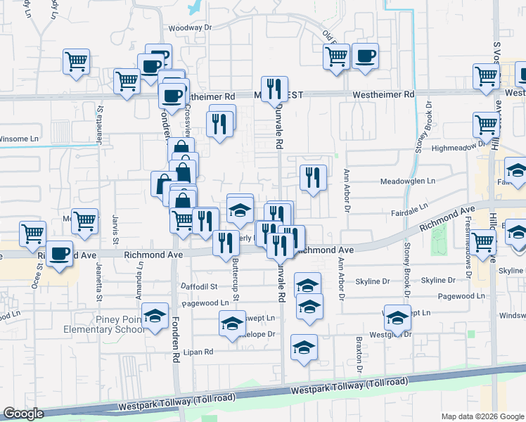 map of restaurants, bars, coffee shops, grocery stores, and more near 8513 Hollyoaks Creek Lane in Houston