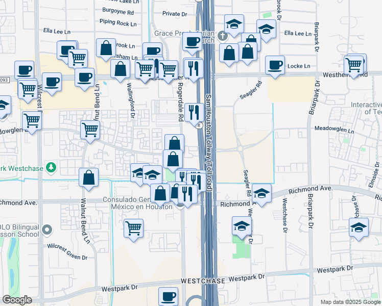 map of restaurants, bars, coffee shops, grocery stores, and more near in Houston