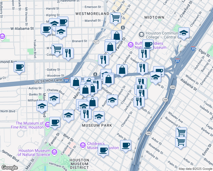 map of restaurants, bars, coffee shops, grocery stores, and more near 4510 Caroline Street in Houston