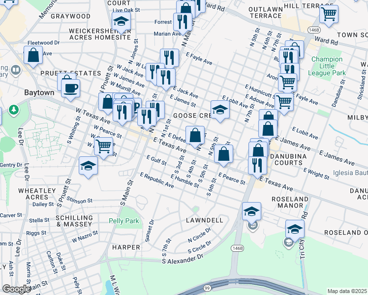 map of restaurants, bars, coffee shops, grocery stores, and more near 217 East Defee Avenue in Baytown